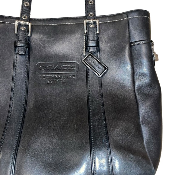 VINTAGE COACH Hamptons Black Leather Tote  Shoulder Bag #8E92 🖤 - Picture 3 of 9